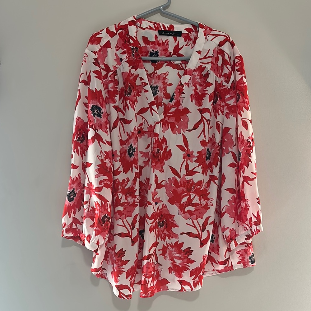 Floral Red and White Long Sleeve Blouse with Sailor Collar